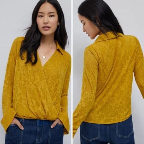 Anthropologie Maeve Lydia Gold Floral Burnout Wrap Blouse NEW Size Medium - Picture 1 of 10